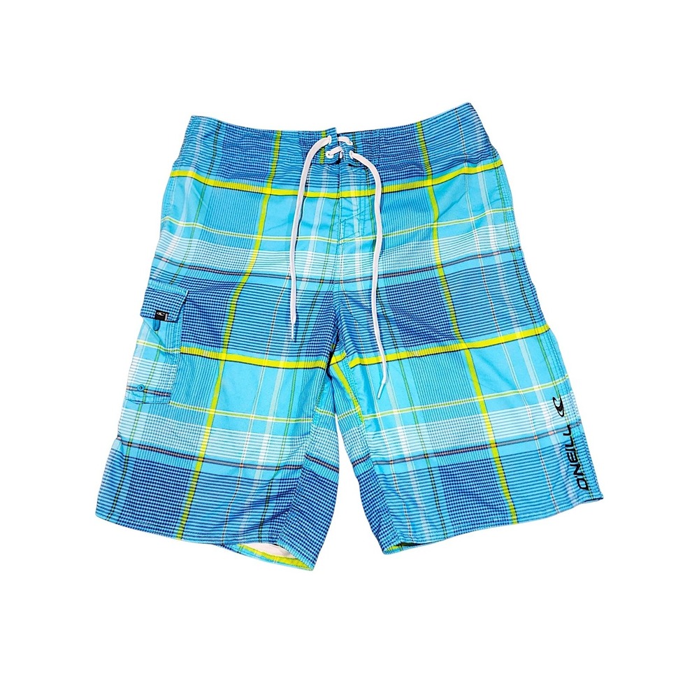 Oneill Board Shorts 32 x12 Men 22" Aqua Blue Plaid Swim Surf Skate Beach Preppy